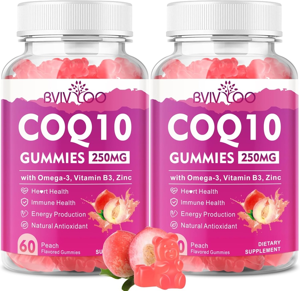 2 Pack CoQ10 Gummies 250mg, Plus Omega-3, Vitamin B3 & Zinc, Magnesium - High Absorption Coenzyme Q10 Supplements for Heart Health, Cellular Energy, & Antioxidant Support, 120 Count 2