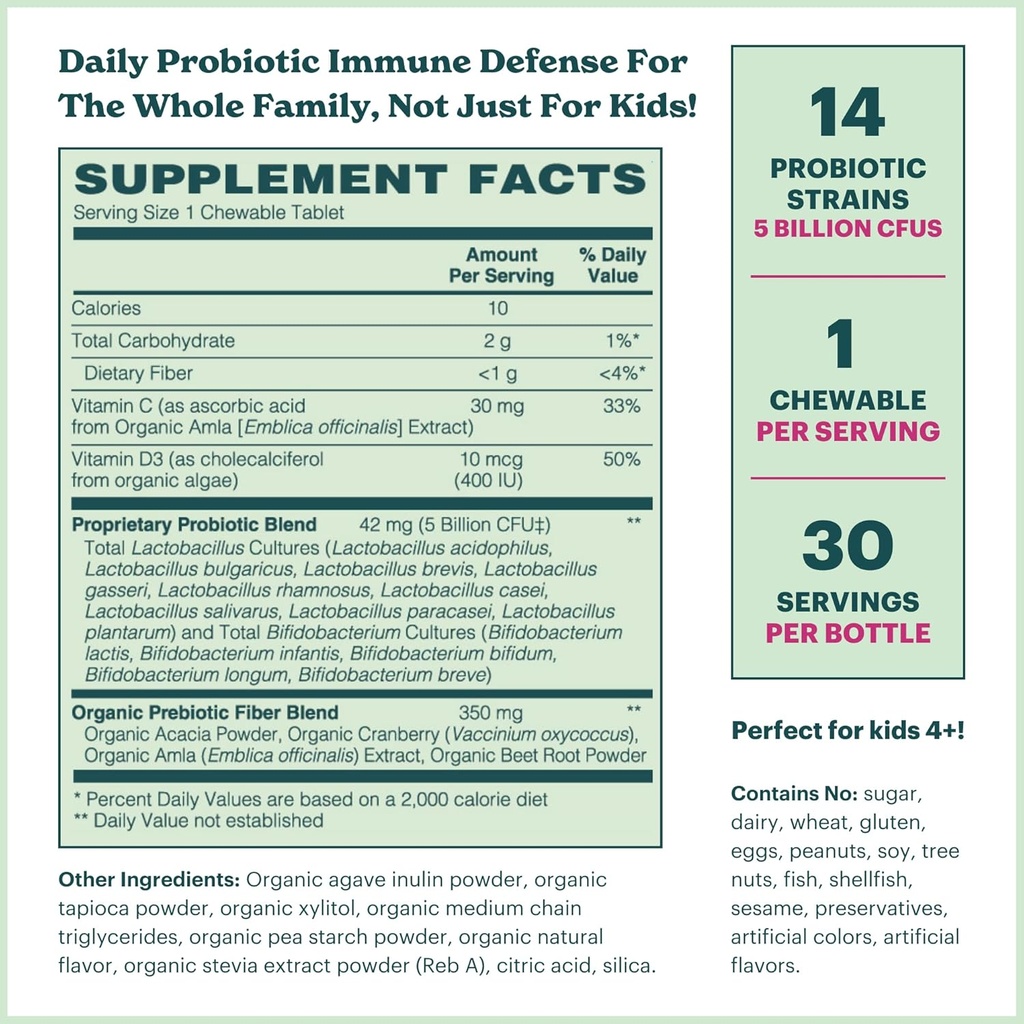Certified Organic Kids & Teens Probiotic Immune Defense - 5 Billion CFUs | Sugar Free, Vegan, Gluten-Free | 14 Probiotic Strains, Prebiotics, Vitamin C & D | 30 Chewable Tablets, Ages 4+ 5