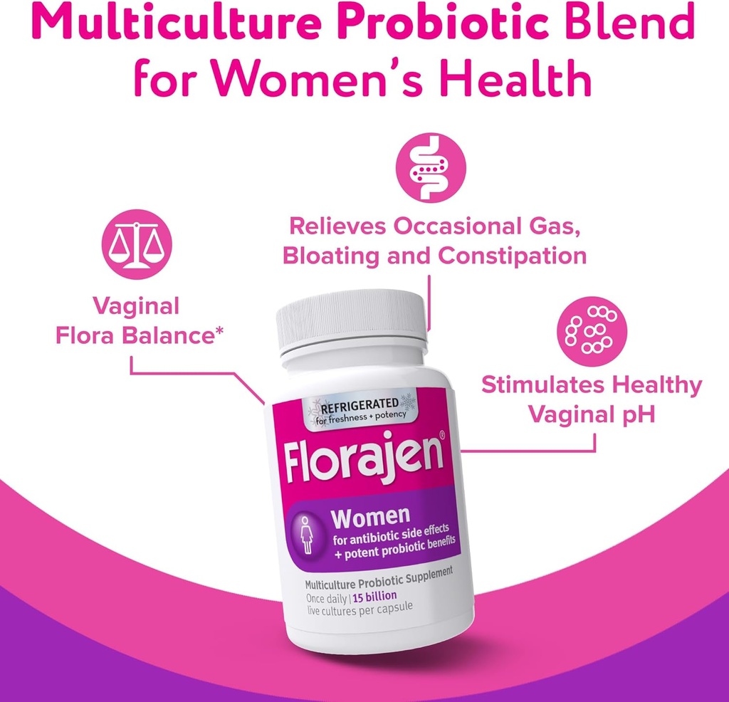 Florajen Women’s Vaginal Probiotic - Gut Health, Vaginal pH Balance, & Constipation Relief - Multi-Strain Formula with Lactobacillus - Refrigerated for Potency - 60 Capsules 3