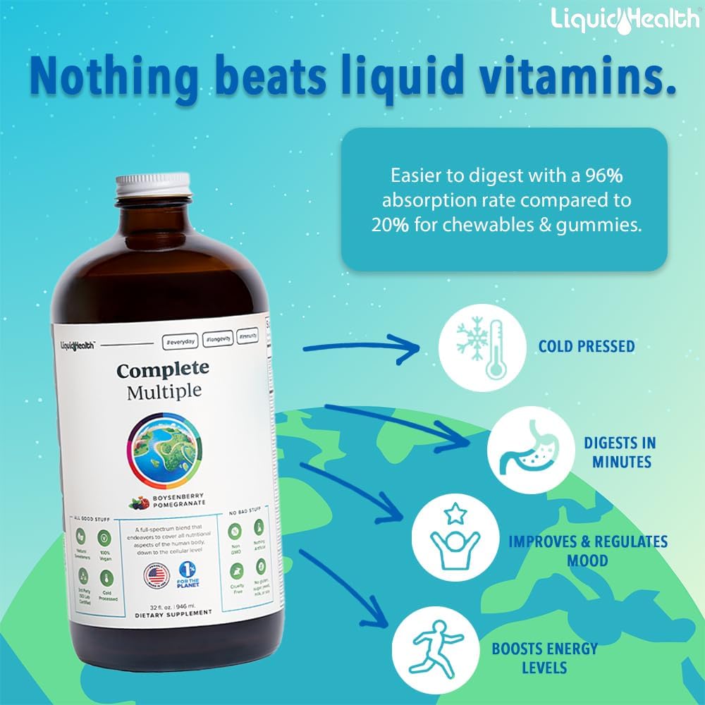 LIQUIDHEALTH Complete Multiple Daily Multivitamin & Organic Methyl B12 5000mcg Vitamin Drops with Tart Cherry Juice for Immune Support, Natural Energy Boost, Improved Memory & Focus, Overall Health 4