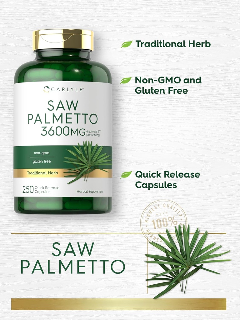 Carlyle Saw Palmetto for Men and Women | 3600 mg | 250 Capsules | Herb Extract Supplement | Serenoa Repens | Non-GMO and Gluten Free 5