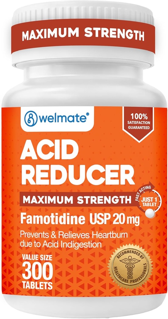 WELMATE - Famotidine Acid Reducer, 20mg - Maximum Strength - Heartburn Relief - Acid Indigestion - Stomach Relief - Works in 15 Minutes, 12 Hour Relief - Generic Medication - Value Size - 300 Tablets 2
