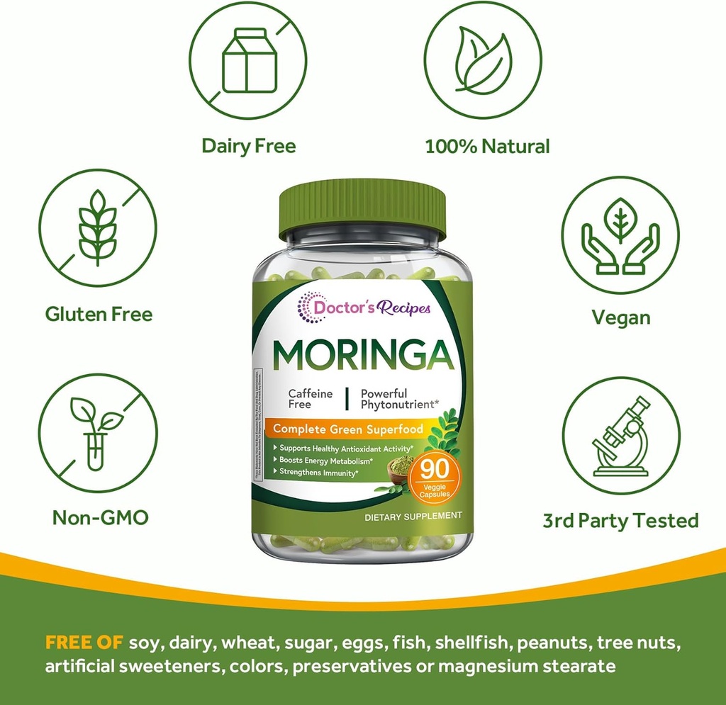 Doctor's Recipes Moringa 11,000 mg Strength, Complete Green Superfood, Natural Antioxidant Support, Non-GMO, 90 Vegan Caps, No Caffeine Soy Gluten 6