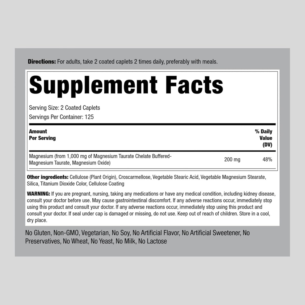 Piping Rock Magnesium Taurate | 1000mg | 250 Caplets | Chelated and Buffered | Vegetarian, Non-GMO, Gluten Free Supplement 3