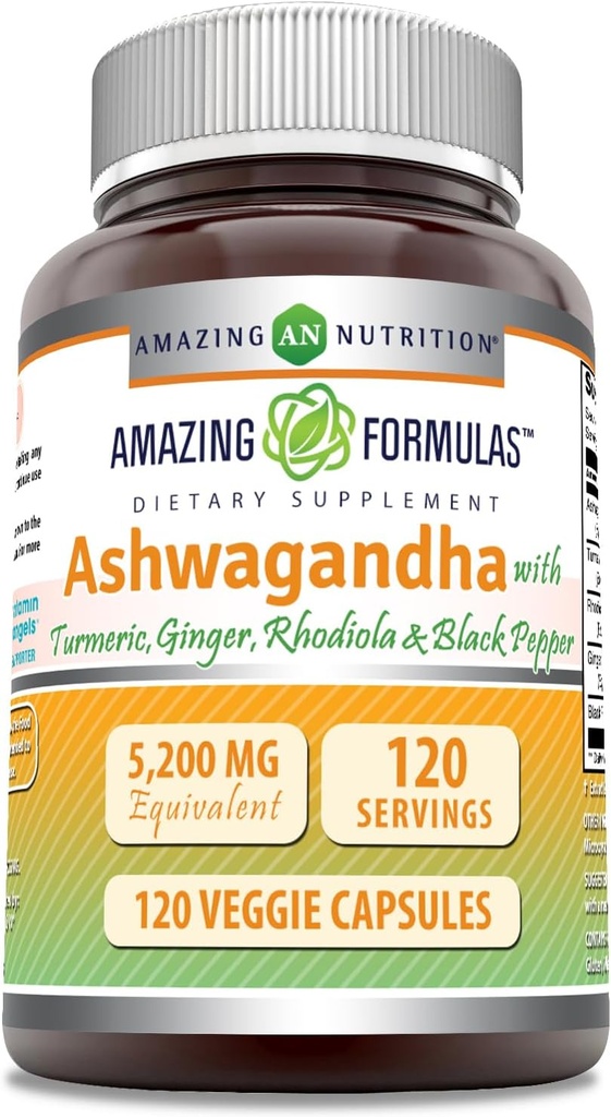 Amazing Formulas Ashwagandha Supplement | Contains Turmeric, Ginger, Rhodiola, & Black Pepper | 5200 Mg Per Serving | Veggie Capsules | Non-GMO | Gluten-Free | Made in USA (1 Pack | 120 Count) 2