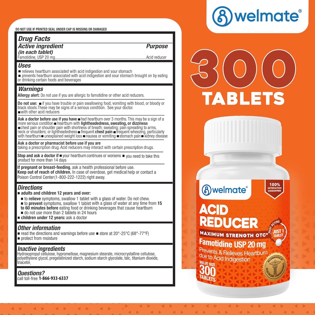 WELMATE - Famotidine Acid Reducer, 20mg - Maximum Strength - Heartburn Relief - Acid Indigestion - Stomach Relief - Works in 15 Minutes, 12 Hour Relief - Generic Medication - Value Size - 300 Tablets 6