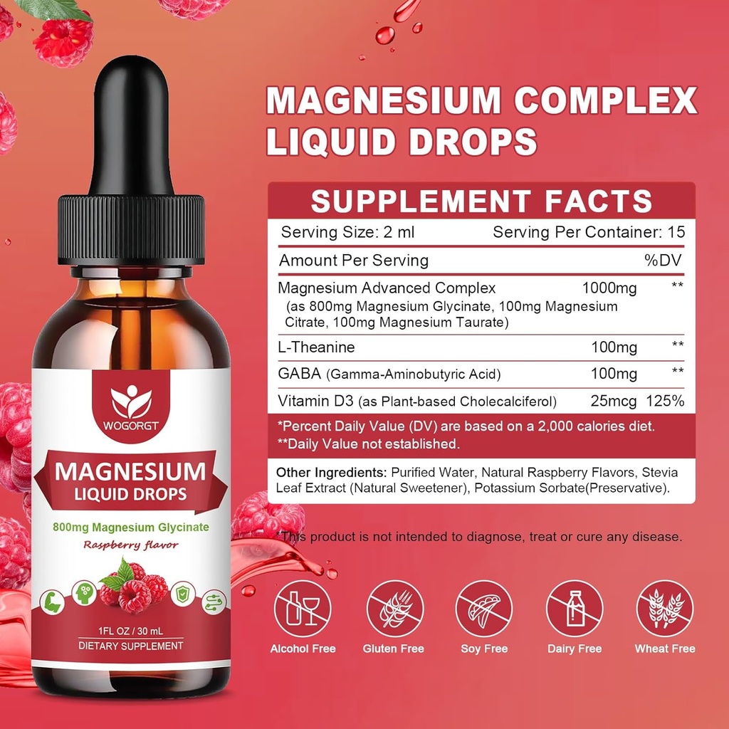 (2 Pack) Magnesium Glycinate Liquid Drops with Citrate & Taurate - High Absorption 1000mg Liquid Magnesium Complex with D3, GABA, L-theanine for Cognition, Muscle & Focus, Raspberry Flavor - 30mL 3