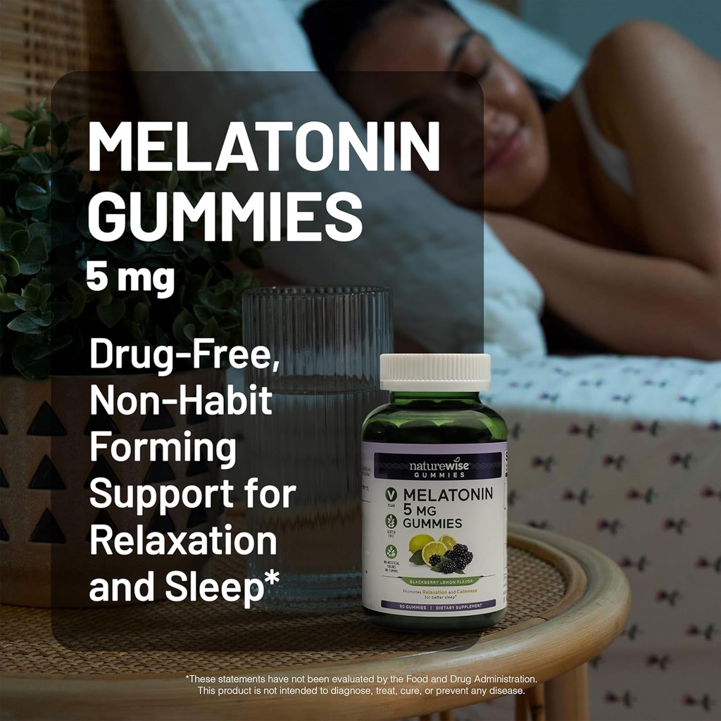 NatureWise Melatonin Gummies 5mg - Non-Habit Forming Sleep Support Supplement with Ashwagandha, Valerian Root - BlackBerry-Lemon Flavor - Vegan, Gluten Free, Non-GMO - 90 Count[45-Day Supply] 3