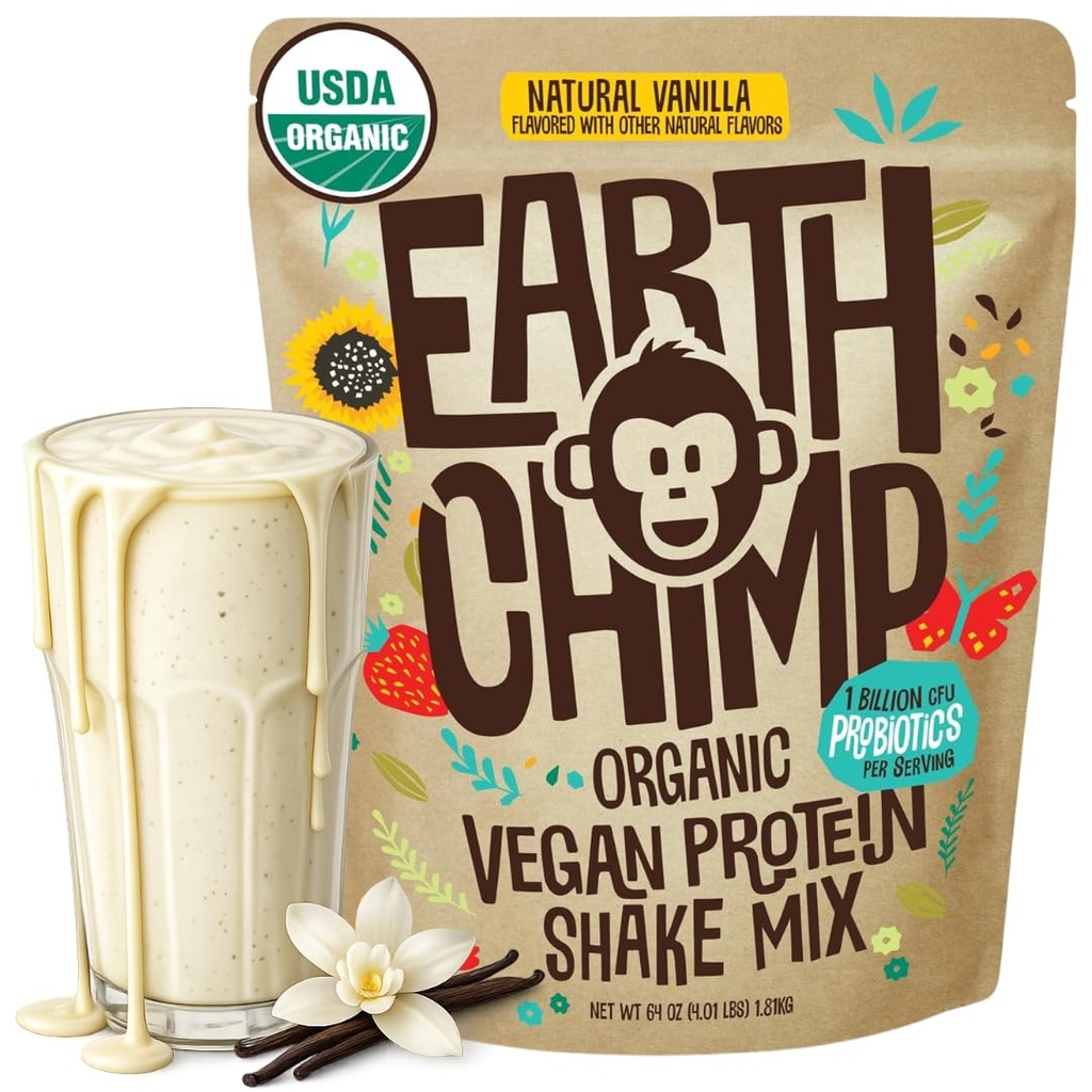 EarthChimp Organic Vegan Protein Powder - with Probiotics - Non GMO, Dairy Free, Non Whey, Plant Based Protein Powder for Women and Men, Gluten Free - 52 Servings 64 Oz (Vanilla) 2