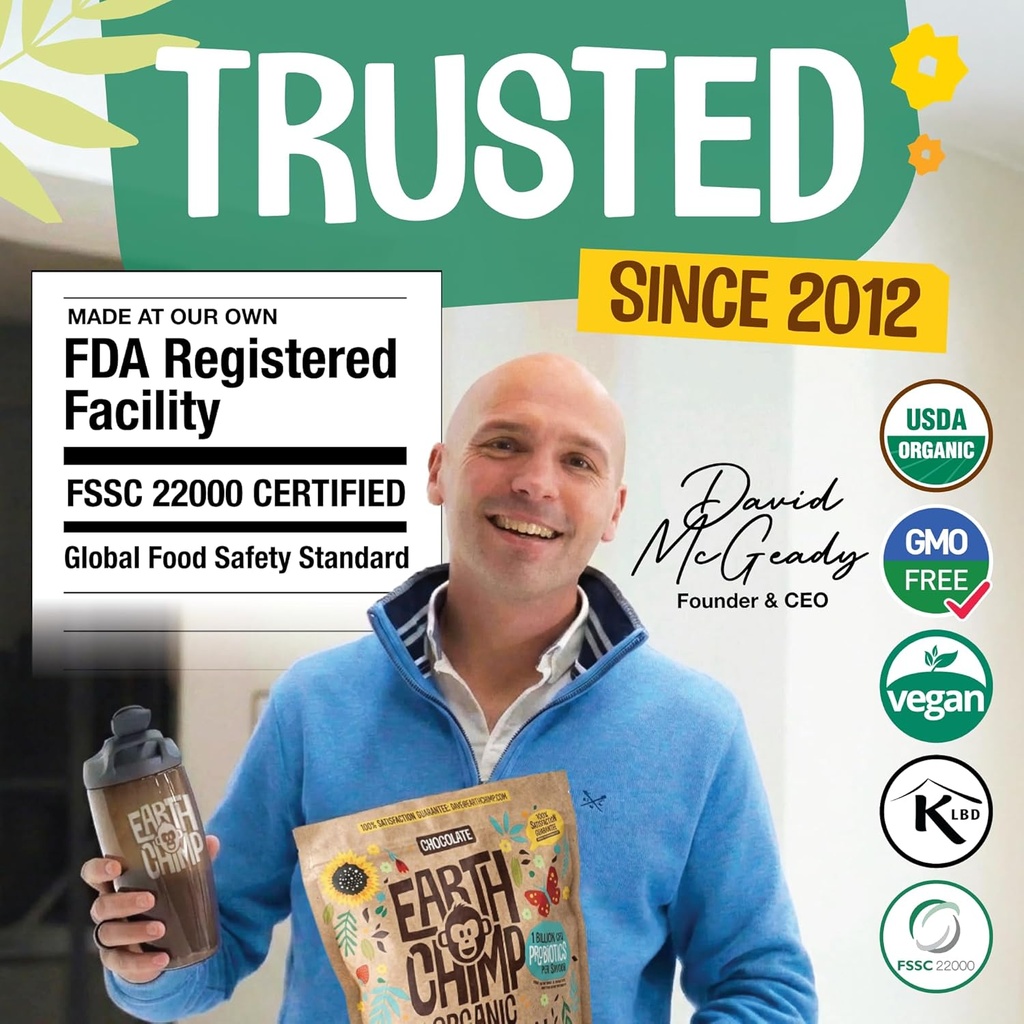 EarthChimp Organic Vegan Protein Powder - with Probiotics - Non GMO, Dairy Free, Non Whey, Plant Based Protein Powder for Women and Men, Gluten Free - 52 Servings 64 Oz (Vanilla) 6