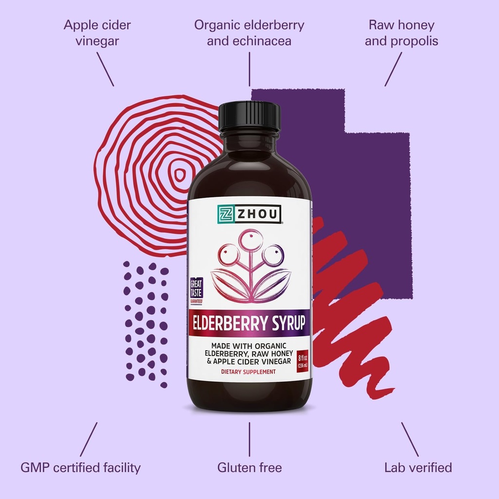 Zhou Nutrition Elder-Mune+ Syrup - Organic Black Elderbery Syrup for Adults, Immune Support Elixir with Apple Cider Vinegar, Echinacea Tincture, Natural Wellness - 8 Fl Oz Glass Bottle 5