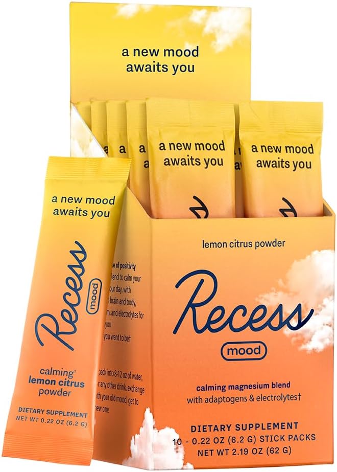 Recess Mood Powder, Calming Magnesium L-Threonate Blend with Passion Flower, L-Theanine, Electrolytes, Magnesium Calm Support Powder Supplement - Lemon Citrus Pack of 10 2