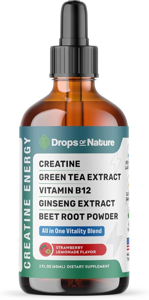 Creatine Monohydrate and Vitamin B12 Drops - With Beet Root Powder, Organic Green Tea & Ginseng - Vegan, Faster Absorption than Creatine Gummies - Energy & Vitality Support (Strawberry Lemonade, 60mL) 2
