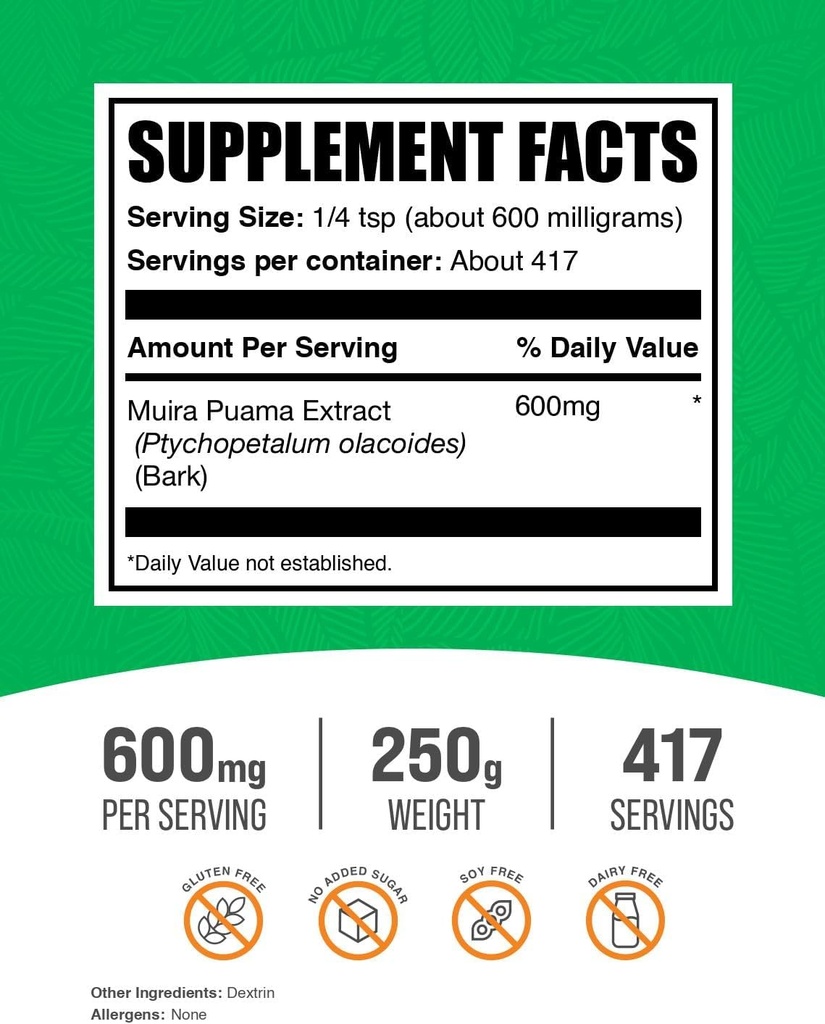 BulkSupplements.com Muira Puama Extract Powder - Muira Puama Supplement, from Muira Puama Bark - Herbal Supplement, Gluten Free, 600mg per Serving, 250g (8.8 oz) (Pack of 1) 3