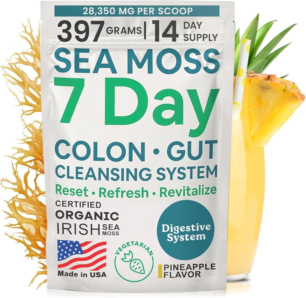 Atlantic Naturals Sea Moss 7-Day Colon & Gut Purification - Golden Flax Seeds, Psyllium Husk, Senna Powder, for Women & Men - Pineapple Flavor Drink Mix (14 oz) 2