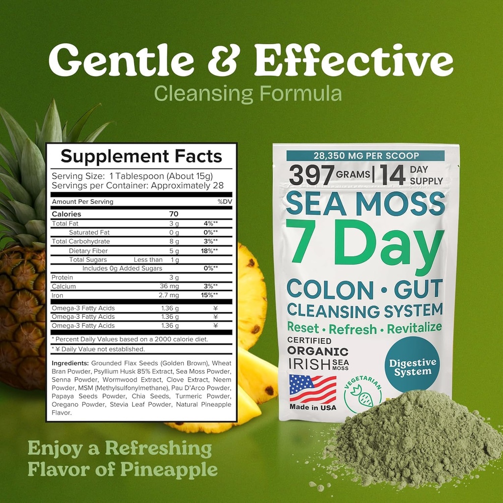 Atlantic Naturals Sea Moss 7-Day Colon & Gut Purification - Golden Flax Seeds, Psyllium Husk, Senna Powder, for Women & Men - Pineapple Flavor Drink Mix (14 oz) 4