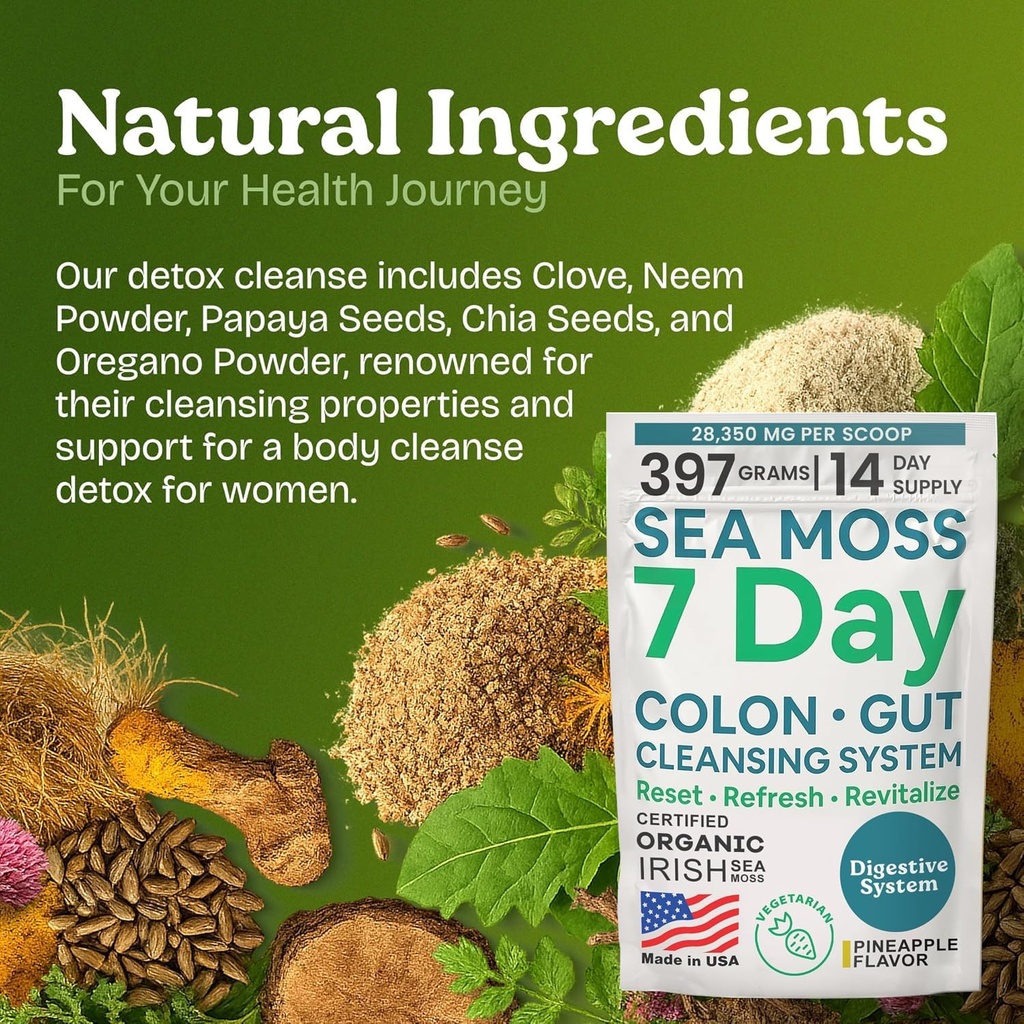 Atlantic Naturals Sea Moss 7-Day Colon & Gut Purification - Golden Flax Seeds, Psyllium Husk, Senna Powder, for Women & Men - Pineapple Flavor Drink Mix (14 oz) 5