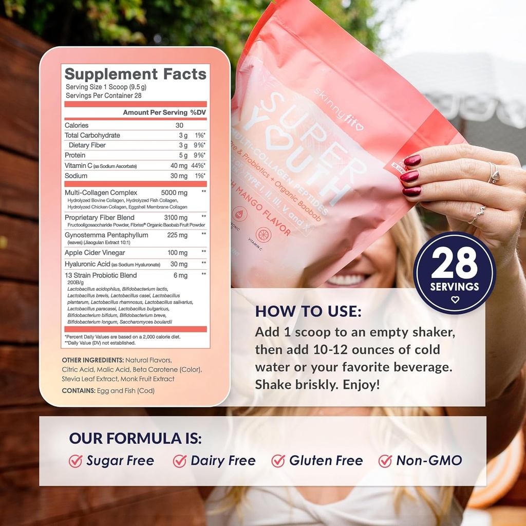 SkinnyFit - Super Youth Collagen for Women - Multi Collagen Peptides Powder - Probiotics, Fiber, Hyaluronic Acid - Non GMO, Gluten Free, Sugar Free - Beauty & Self Care - Peach Mango (28 Servings) 5