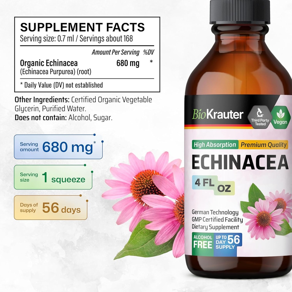 BIO KRAUTER Echinacea Drops - Natural Immune Support - Echinacea Tincture Supplement - Vegan, Alcohol & Sugar Free Drops - 4 Fl.Oz. 4