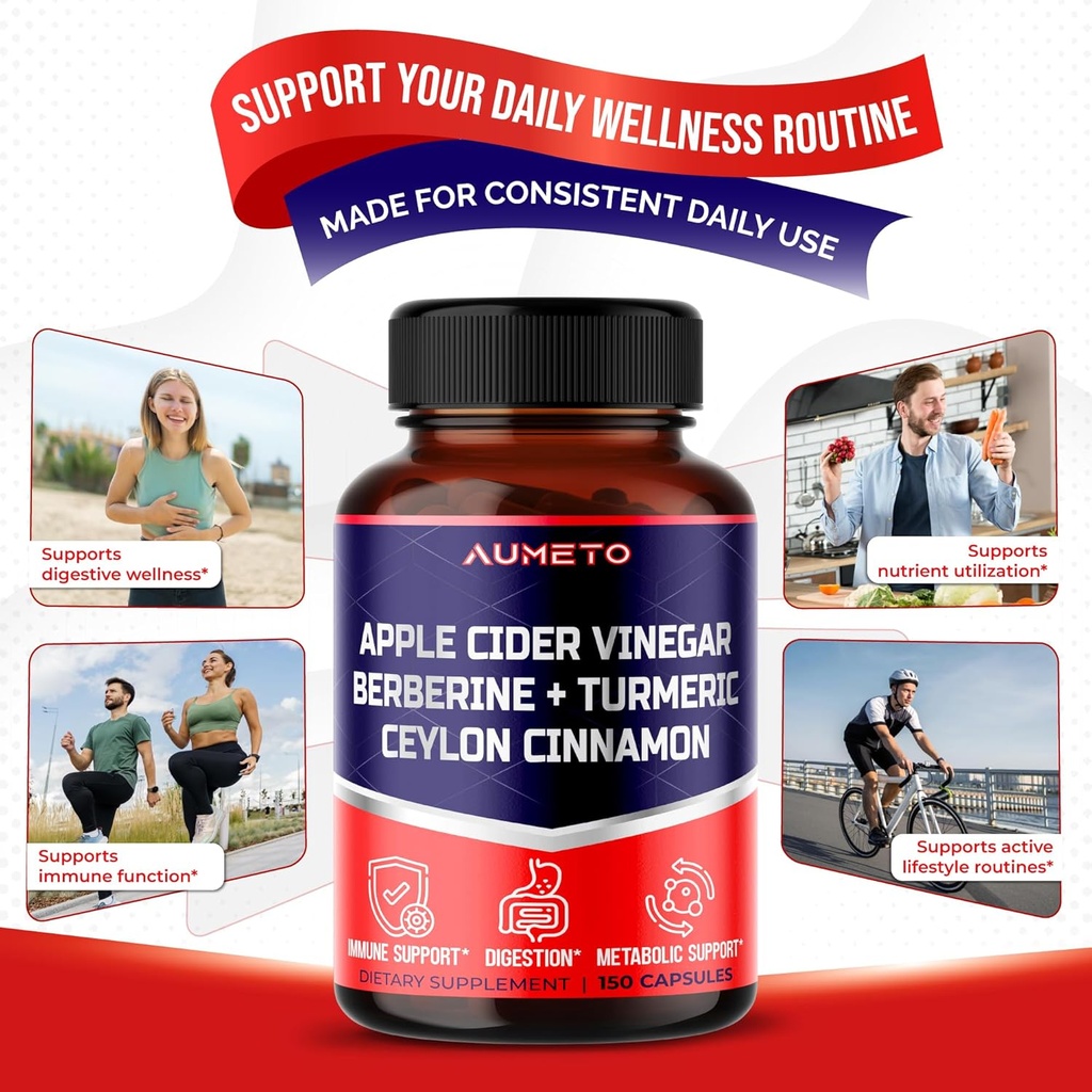 Apple Cider Vinegar Berberine Ceylon Cinnamon Turmeric All-in-1 Supplement for Optimal Digestion, Immunity & Weight Managament *USA Made & Tested* (150 Count (Pack of 1)) 5