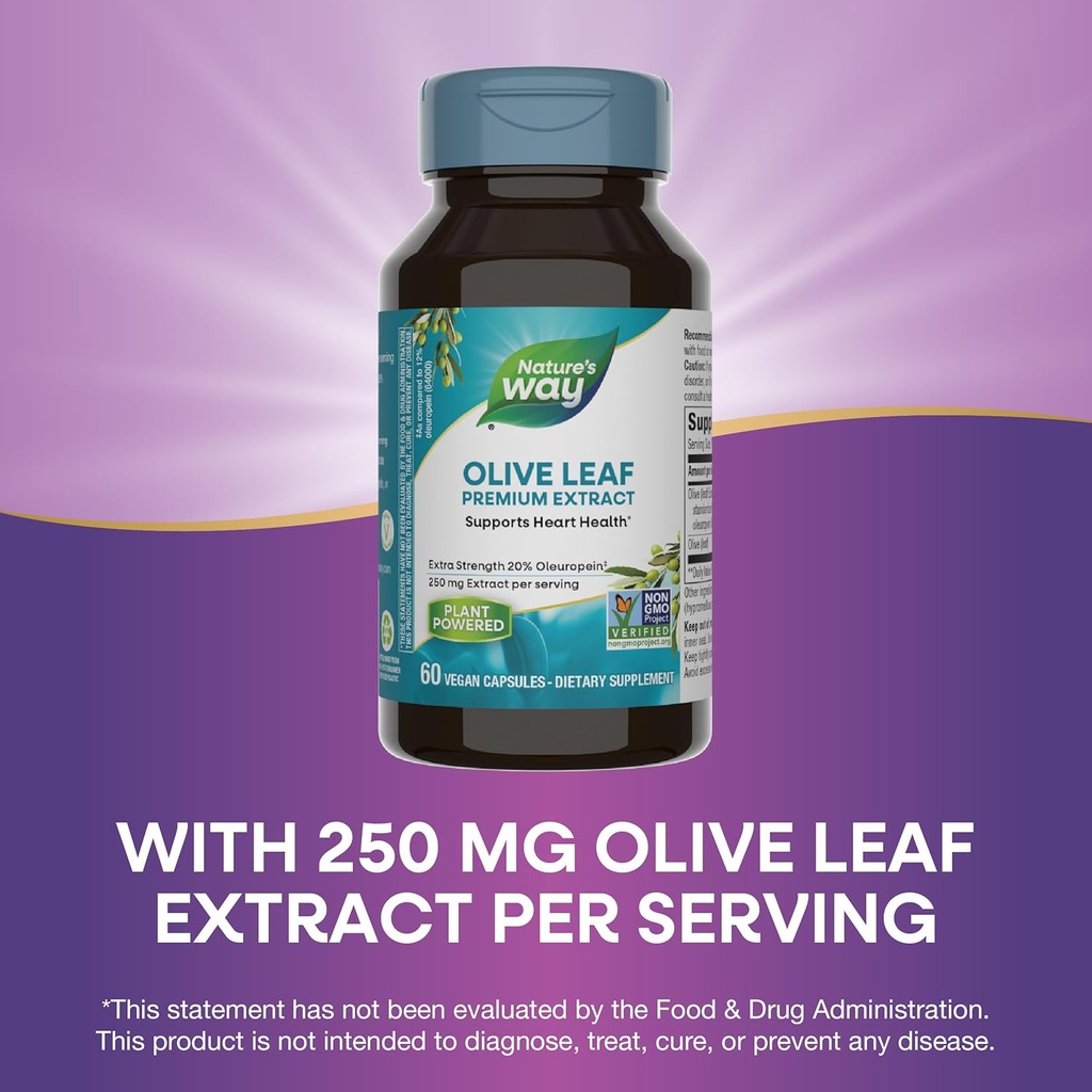 Nature's Way Olive Leaf, Premium Extract, Supports Heart Health*, 20% Oleuropein, 250 mg per serving, Non-GMO Project Verified, 60 Vegan Capsules (Packaging May Vary) 5