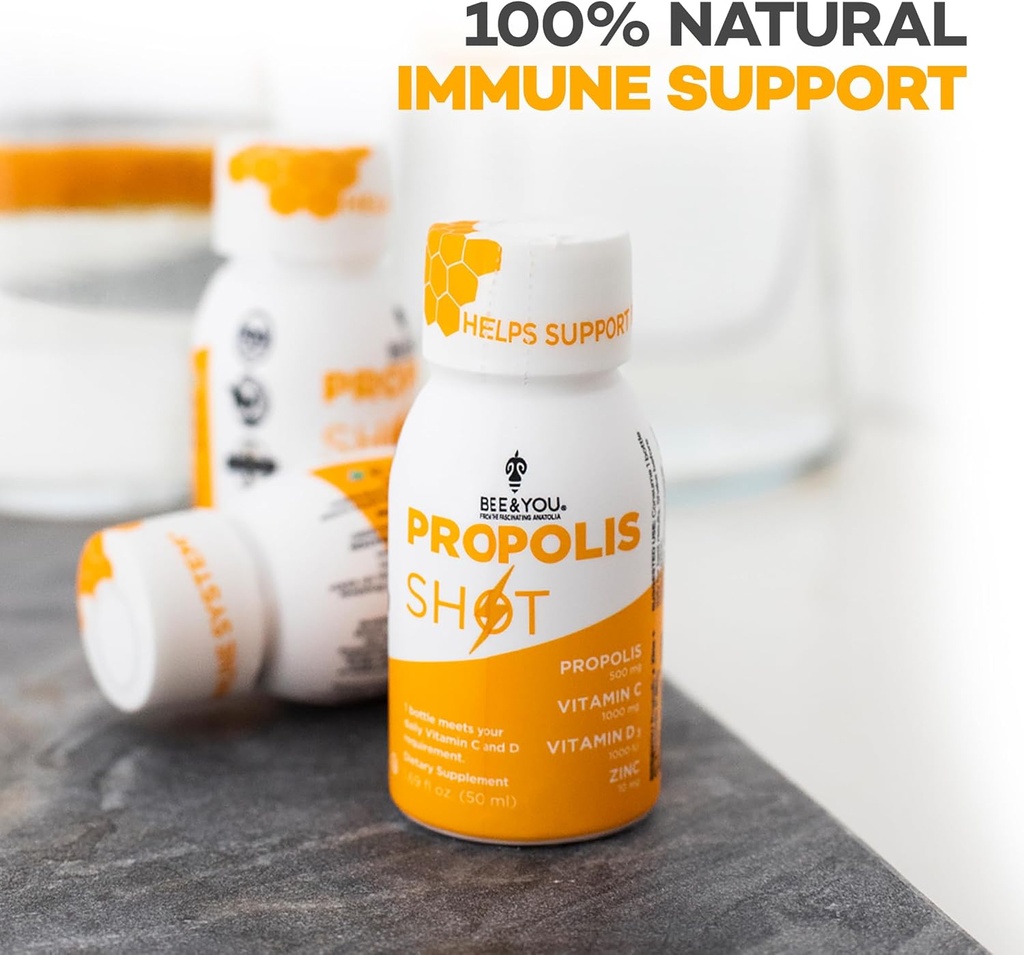 BEE and You Bundle: Propolis Shot with Vitamin C, D3 and Zinc with Propolis Raw Honey Throat Spray, Ultra Pure, 100% Natural, Immune Support, Superfood 5