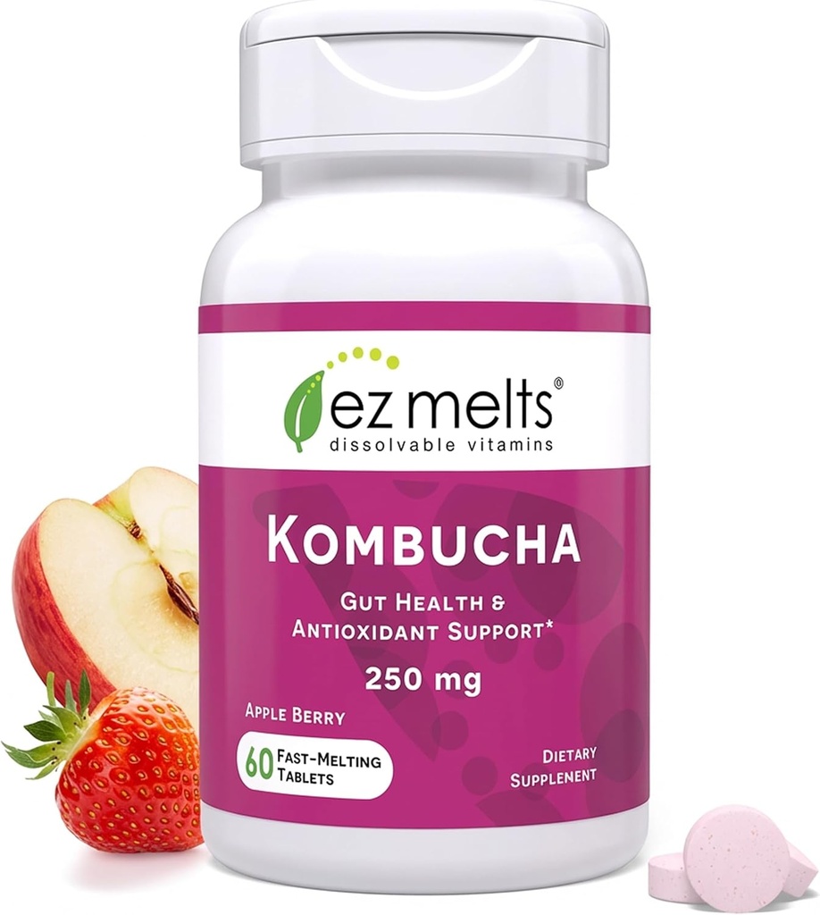 EZ Melts Dissolvable Sugar-Free Kombucha Tablets with SCOBY & Apple Cider Vinegar, Gut Health Supplements for Men & Women, Apple Berry Flavor, 2-Month Supply - 1 Pack 2