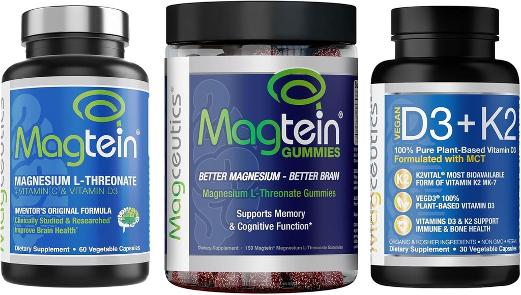 Magtein Magnesium L-Threonate 60 Capsules, Magceutics Adult Gummies 150 Count, Vitamin D3 K2 30 Capsules - Bundle 2