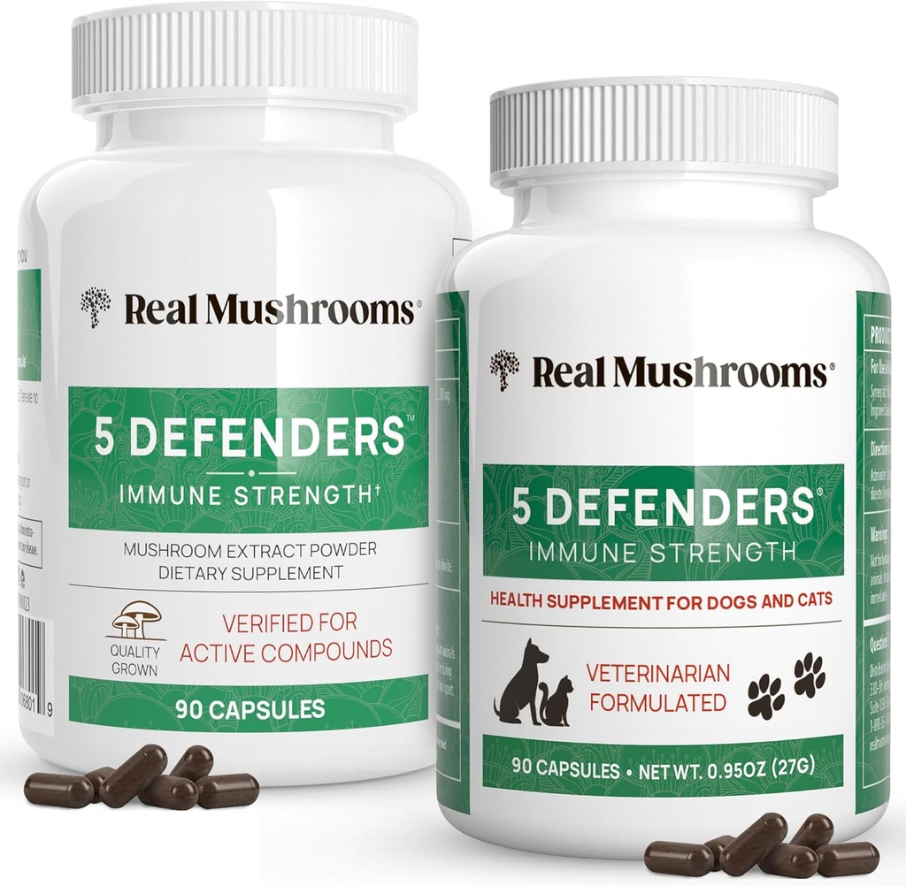 Real Mushrooms 5 Defenders for Humans (90ct) & Pets (90ct) - Capsules Bundle - Chaga, Shiitake, Maitake, Turkey Tail & Reishi Mushroom - for Immune Strength & Overall Wellbeing - Vegan, Non-GMO 2