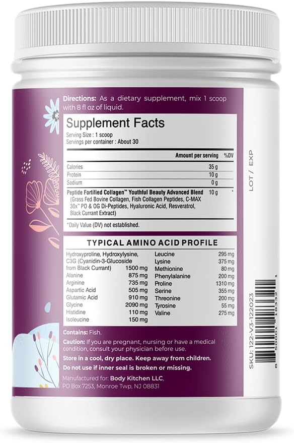 Body Kitchen Youthful Beauty Advanced, Collagen Peptides Powder for Beautiful Hair Skin Nails, Resveratrol and Hyaluronic Acid for Anti-Aging & Antioxidant Support, Grass Fed (Pack of 2) 3