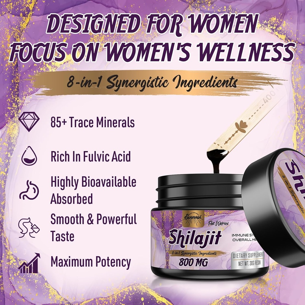 800Mg Shilajit Pure Himalayan Organic, Shilajit Resin Maximum Potency Gold Grade, Shilajit Supplement with 8-in-1 Natural Blend & 85+ Trace Minerals for Women, Energy & Immunity,30 Grams 6