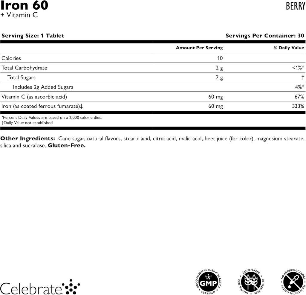 Celebrate Vitamins Iron Supplement with 60mg Iron & Vitamin C – Berry Chewables for Bariatric Patients, Gastric Bypass & Sleeve Gastrectomy Support – 30 Tablets for Post-Surgery Health Maintenance 4