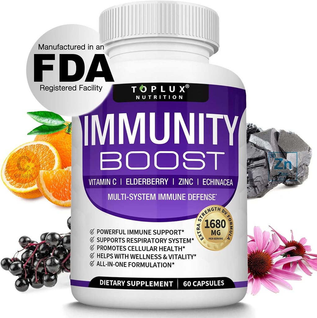 Immunity Boost Immune Support Supplement â€“ 1650mg 10 in 1 Blend with Elderberry, Vitamin C, Zinc, Echinacea & Probiotics for Immune System Defense, Support Healthy Respiratory System, 60 Capsules 2