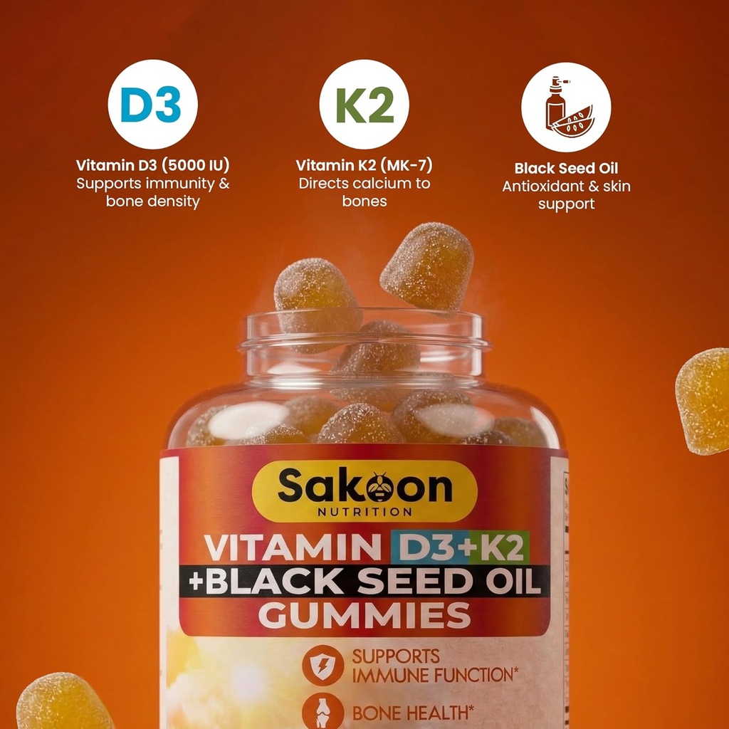 Sakoon nutrition 5000 IU Vitamin D3 K2 Vitamin Supplement with Black Seed Oil for Bone, Teeth, Muscle, and Immune Defense Support, Non-GMO and Gluten Free, 60 Gummy Chewables 5