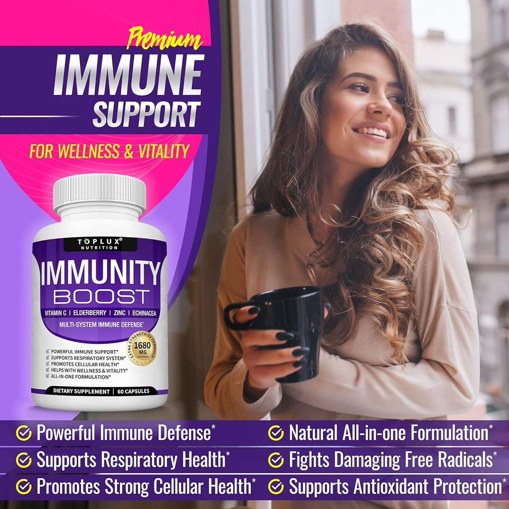 Immunity Boost Immune Support Supplement â€“ 1650mg 10 in 1 Blend with Elderberry, Vitamin C, Zinc, Echinacea & Probiotics for Immune System Defense, Support Healthy Respiratory System, 60 Capsules 5