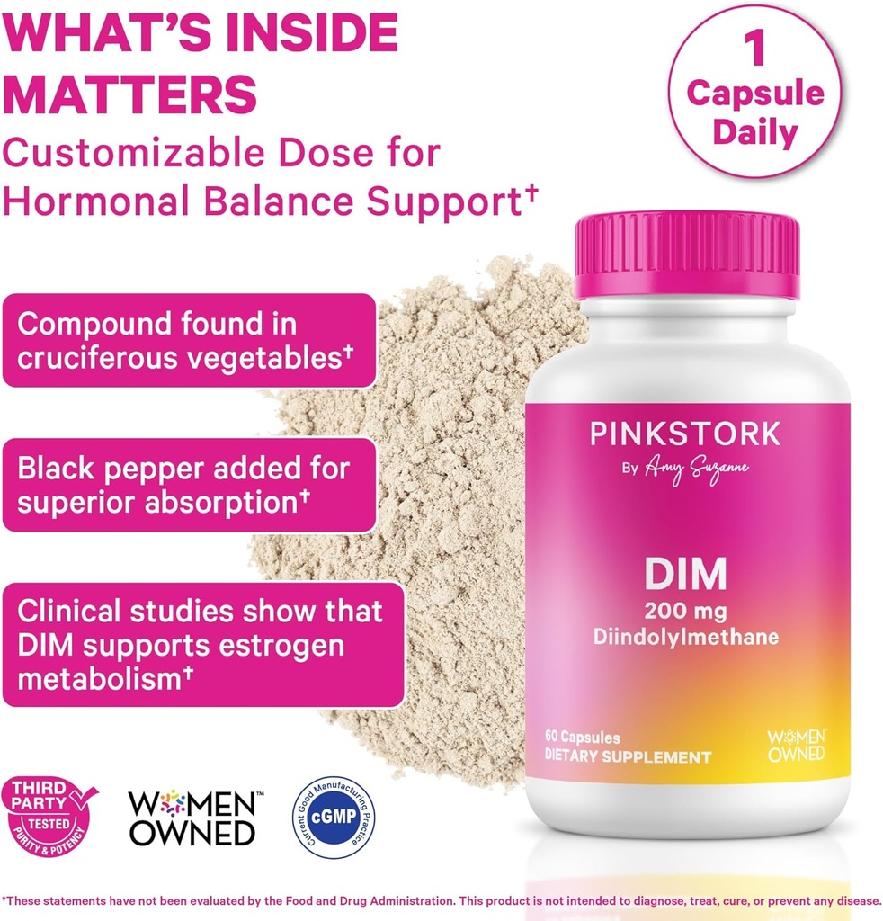 Pink Stork DIM Supplement for Women - Estrogen and Hormone Balance for Menopause, Perimenopause & PMS - DIM 200 mg Plus BioPerine for Mood Support - 60 Day Supply 3