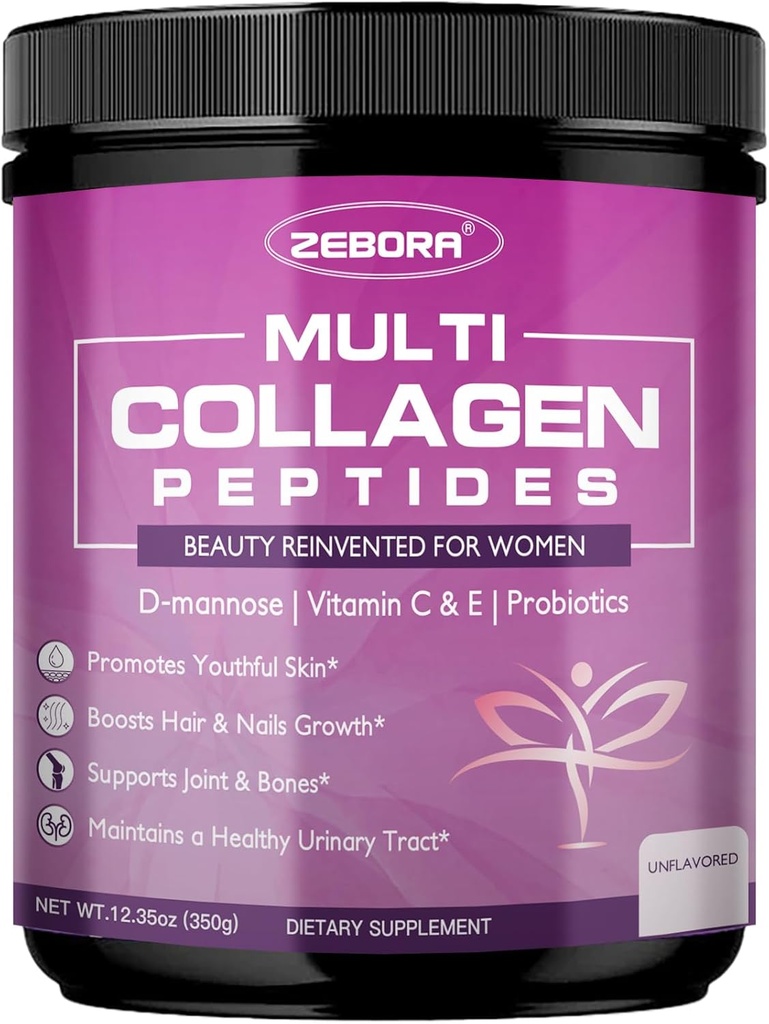 ZEBORA Multi Collagen Peptides Powder for Women – Hydrolyzed Collagen Peptides with D-Mannose & Women's Probiotics – Supports Skin, Hair, Nails, and Urinary Tract Health, Unflavored, 35 Servings 2