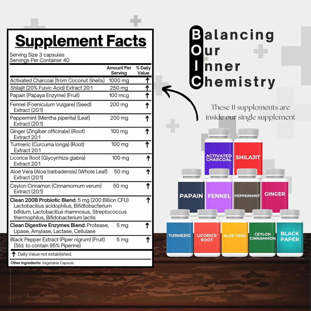 Activated Charcoal Capsules – Extra Strength with Shilajit, 200 Billion CFU Probiotics, Digestive Enzymes, Peppermint, Fennel, Licorice & Ginger – 120 Capsules (Pack of 1) 5