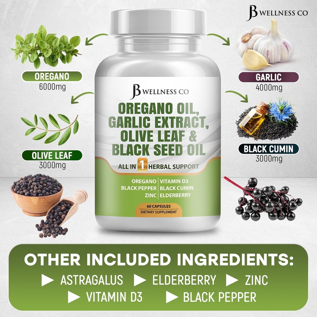 JB Wellness Oregano Oil, Garlic Extract, Olive Leaf, with Astragalus - Immune Support & Digestive Health Supplement for Women and Men - 180 Count 5