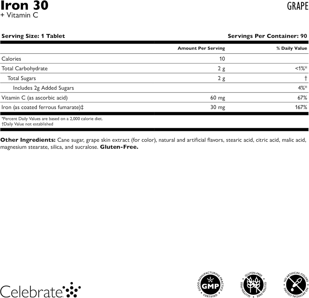 Celebrate Vitamins Iron Supplement with Vitamin C - 30mg Iron, 60mg Vitamin C, Bariatric Vitamins for WLS Patients, Vertical Sleeve & Gastric Bypass Surgery – Grape, 90 Chewable Tablets 4