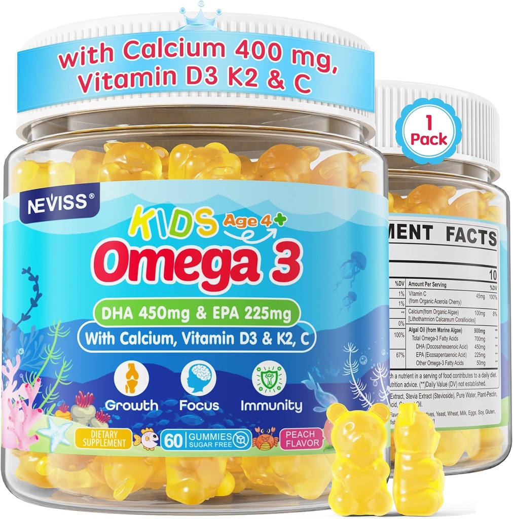 Kids Omega 3 Gummies + Calcium 400mg + Vitamin D3 K2 + C, Omega-3 DHA & EPA Supplement - No Fish Burps, No Sugar - Kids & Teens Omḛga 3 + Multivitamin Gummy for Strong Bones, Brain, Immune, Eye, 60Cts 2