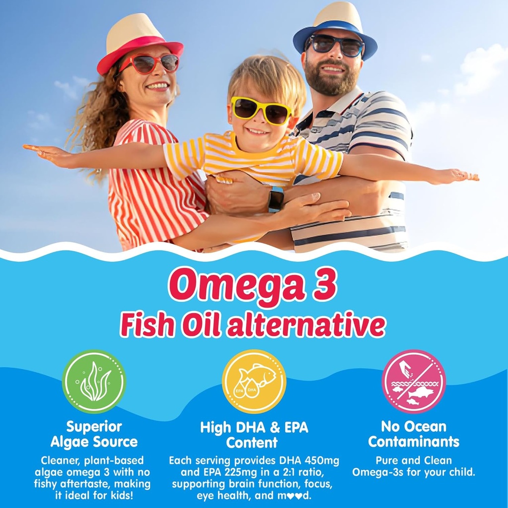 Kids Omega 3 Gummies + Calcium 400mg + Vitamin D3 K2 + C, Omega-3 DHA & EPA Supplement - No Fish Burps, No Sugar - Kids & Teens Omḛga 3 + Multivitamin Gummy for Strong Bones, Brain, Immune, Eye, 60Cts 4