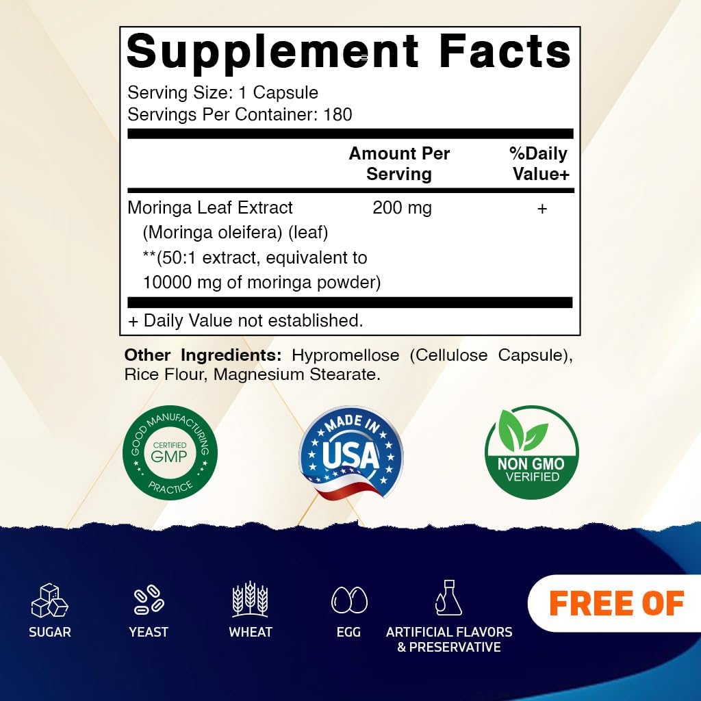 Vitamatic Moringa Capsules 10,000 mg Equivalent Per Serving (from 50:1 Extract 200 mg) - 180 Capsules - Pure Moringa Oleifera Leaf Powder Supplement - Green Superfood - Non-GMO, Made in The USA 3