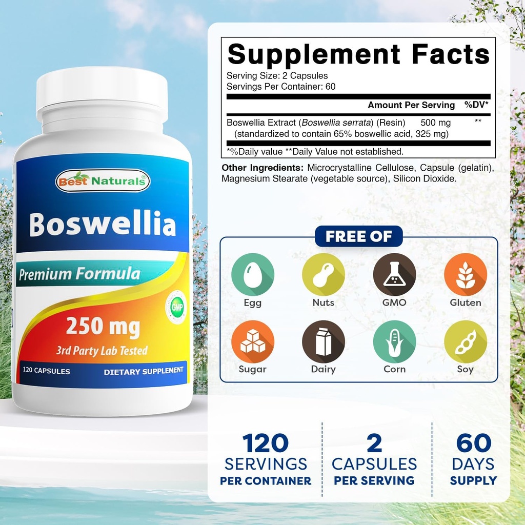 Best Naturals Boswellia Serrata Joint Health 250 mg 120 Capsules - Standardized to 65% Boswellic Acid (120 Count (Pack of 1)) 3