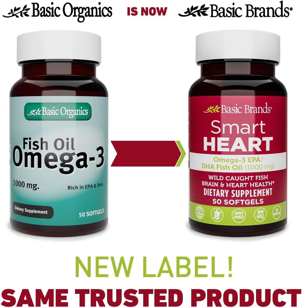 Basic Brands Smart Heart Omega-3 Fish Oil 1000mg - Triple Strength EPA & DHA, Non-GMO, Heart & Cognitive Support - 50 Burpless Softgels - 2-Pack 3