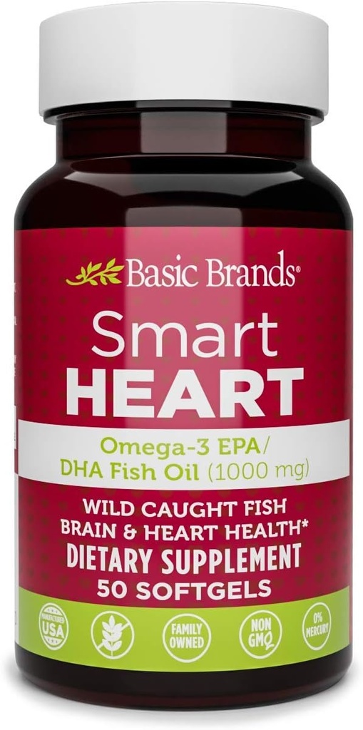 Basic Brands Smart Heart Omega-3 Fish Oil 1000mg - Triple Strength EPA & DHA, Non-GMO, Heart & Cognitive Support - 50 Burpless Softgels - 2-Pack 4