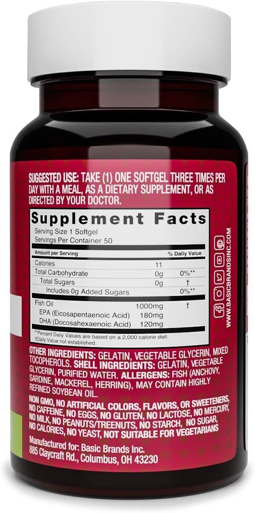 Basic Brands Smart Heart Omega-3 Fish Oil 1000mg - Triple Strength EPA & DHA, Non-GMO, Heart & Cognitive Support - 50 Burpless Softgels - 2-Pack 5