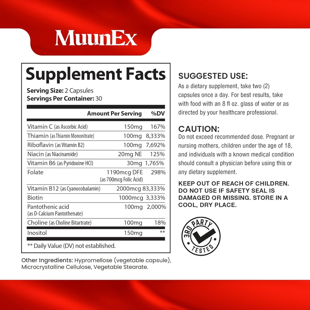B-Complex, Vitamin B1 B2 B3 B6 B12, New Formula for Max Vitality & Sustained Energy Support,Energy Boost, Nervous System Support, with Vitamin C, Choline, Folate, 60 Capsules 3