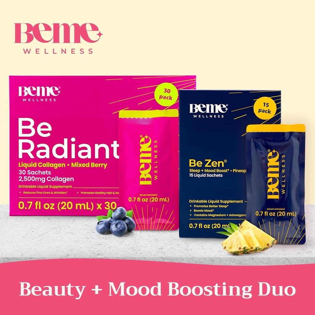 BeMe BeRadiant Berry & BeZen Bundle - Liquid Collagen & Magnesium Glycinate L-Theanine Supplements 3
