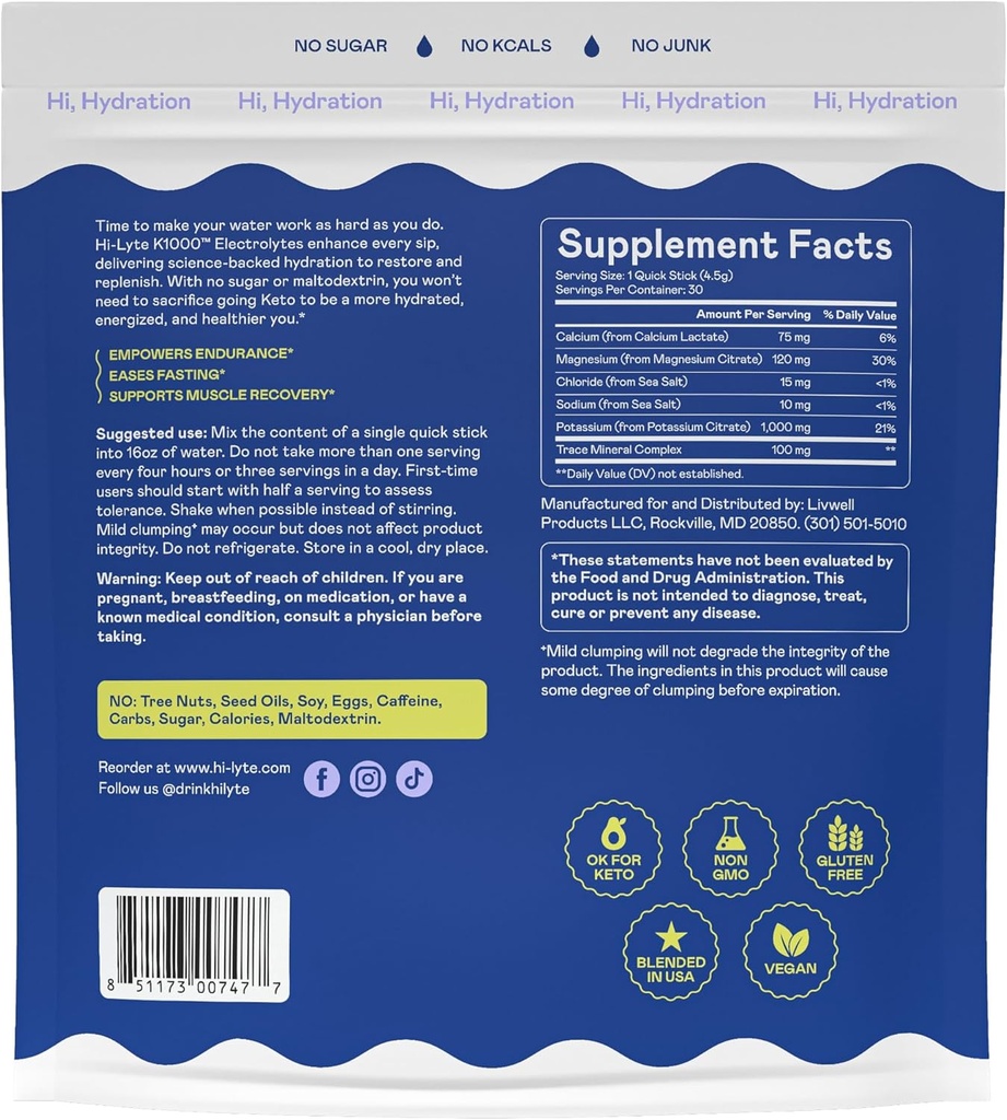 Hi-Lyte K1000 Electrolytes Sticks Unflavored Keto & Performance, 30 Servings 6